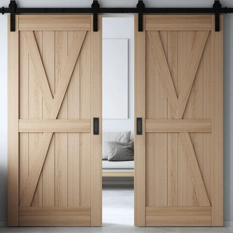 Matte Black Stainless Steel Pocket Door Pull And Edge Pull Set installed on wooden barn doors