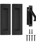 Pocket Door Handles And Edge Pulls In Matte Black Finish 6 Inch Long Flush Recessed Finger Pulls For Closet Sliding And Barn Doors Durable Stainless Steel Construction Rust Resistant Easy To Install showing front view and installation screws.