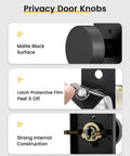 Diagram of Privacy Door Knobs Matte Black Set For Interior Doors highlighting features like matte black finish and strong construction.