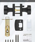 Privacy Door Knobs Matte Black Set For Interior Doors with hardware, latches, and installation guide visible