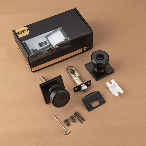 Black Interior Door Knobs For Bathroom And Bedroom Pismo Privacy Doorknob With Turn Lock And Square Rosette packaging and parts