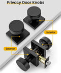 Top view of Privacy Door Knobs Matte Black Set for Interior Doors, showing exterior and interior parts and lock mechanism.
