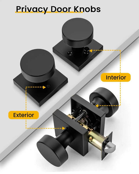 Top view of Privacy Door Knobs Matte Black Set for Interior Doors, showing exterior and interior parts and lock mechanism.