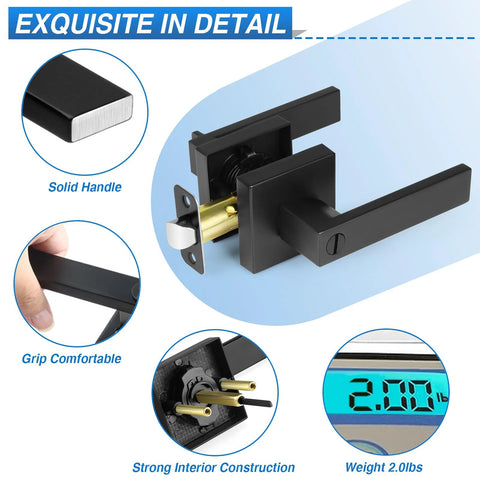 Six Pack Matte Black Privacy Door Levers with robust zinc alloy construction and brass components, showing solid handle and parts.