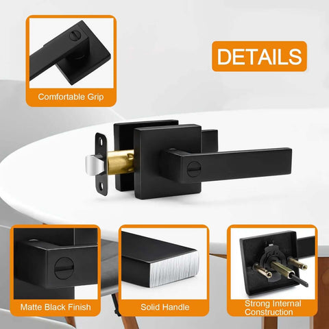 8 Pack Matte Black Privacy Door Levers Set With Keyless Interior Knobs Square Flat Handles shown with details and features.