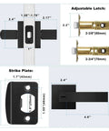Dimensions and components of Privacy Door Levers Set In Matte Black Finish, including latch and strike plate, keyless handles for interior doors.