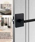 Long Plate Bed And Bath Room Door Lever With Privacy Lock Matte Black Finish Heavy Duty Interior Door Handle Reversible For Left Or Right Handed Doors Adjustable Backset 60mm Or 70mm Child Proof Button Lock shown on bedroom and bathroom door