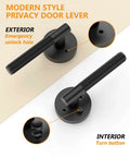 Privacy Door Handles With Lock 4 Pack Matte Black Interior Door Levers for Bedroom or Bathroom showing exterior and interior views.