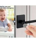Long Plate Bed And Bath Room Door Lever With Privacy Lock Matte Black Finish shown with child-proof emergency coin unlock.