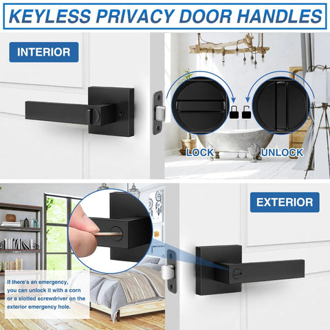 Six Pack Matte Black Privacy Door Levers with robust zinc alloy construction and brass components provide secure bedroom and bathroom privacy, reversible for left or right handed doors, easy to install, durable and stylish, shown installed on a white door with locking mechanism.