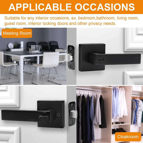 8 Pack Matte Black Privacy Door Levers Set With Keyless Interior Knobs Square Flat Handles for bedroom and bathroom