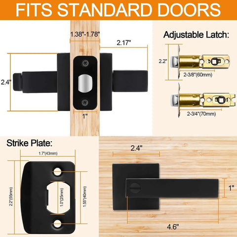 Dimensions and components of 8 Pack Matte Black Privacy Door Levers Set With Keyless Interior Knobs for bedroom and bathroom.