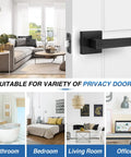 Six Pack Matte Black Privacy Door Levers with robust zinc alloy construction and brass components on various doors