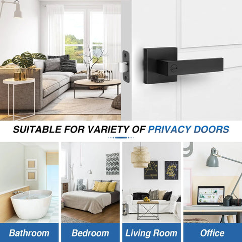 Six Pack Matte Black Privacy Door Levers with robust zinc alloy construction and brass components on various doors
