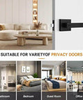 10 Pack Matte Black Privacy Door Levers With Square Rosette, shown in various room settings including bathroom and office.