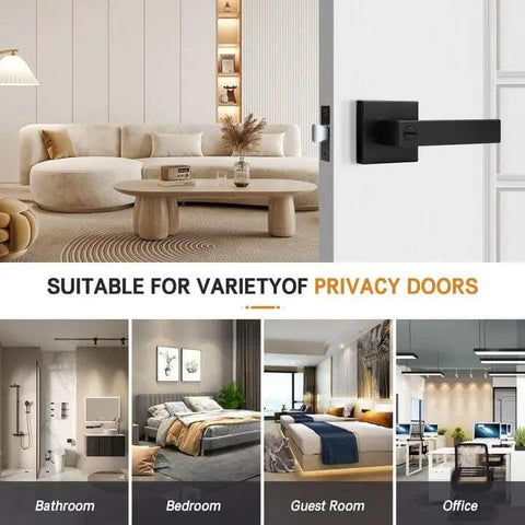 10 Pack Matte Black Privacy Door Levers With Square Rosette, shown in various room settings including bathroom and office.