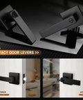 10 Pack Matte Black Privacy Door Levers With Square Rosette, ANSI Grade 3, side views of installed bed and bath door locks