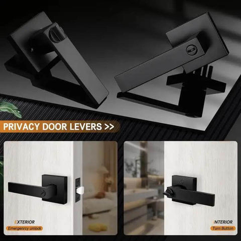 10 Pack Matte Black Privacy Door Levers With Square Rosette, ANSI Grade 3, side views of installed bed and bath door locks