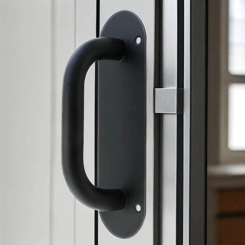 Two Pack Door Handle Pull Plate Stainless Steel Heavy Duty Barn Door Pull Handle For Sliding Barn Door Kitchen Cabinet Matte Black 7.8 Inch By 2.5 Inch Ideal For Residential And Commercial Use With Minimalist Aesthetic Durable Rust Resistant Hardware installed on door