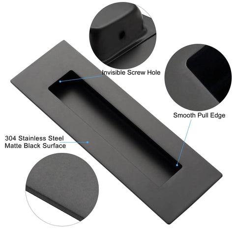 Front view of 6 Inch Recessed Finger Flush Pulls for Pocket Doors and Closet Doors, Matte Black Stainless Steel Rectangular Door Pulls Hardware, 304 Stainless Steel, Rust Resistant, Heavy Duty Sliding Barn Door Handle Set of Two