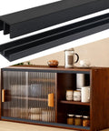 Two Sets Sliding Door Track For One Quarter Inch Thick Panels Glass Cabinet Sliding Track System With PVC Durable Low Noise Design Three Ft Long Per Set Easy To Install Matte Black Finish Ideal Sliding Door Hardware For Cabinets And Windows showing black tracks and wooden cabinet.