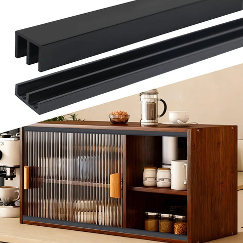 Two Sets Sliding Door Track For One Quarter Inch Thick Panels Glass Cabinet Sliding Track System With PVC Durable Low Noise Design Three Ft Long Per Set Easy To Install Matte Black Finish Ideal Sliding Door Hardware For Cabinets And Windows showing black tracks and wooden cabinet.