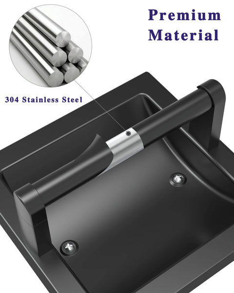 Close-up of matte black recessed toilet paper holder for large rolls, pivoting wall mount, featuring 304 stainless steel material.