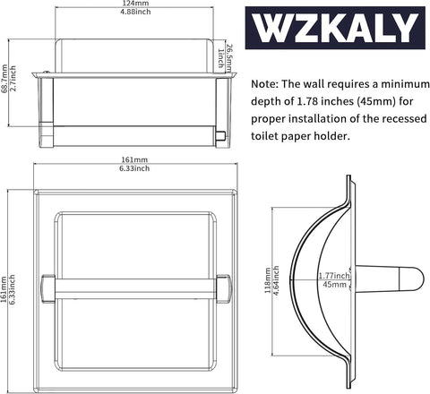 Technical drawing of Matte Black Recessed Toilet Paper Holder For Large Rolls Pivoting Wall Mount In Wall 304 Stainless Steel Rustproof