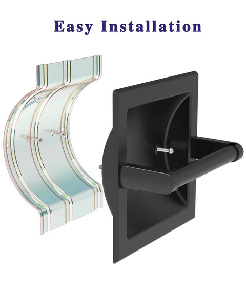 Installation view of Matte Black Recessed Toilet Paper Holder For Large Rolls Pivoting Wall Mount In Wall 304 Stainless Steel