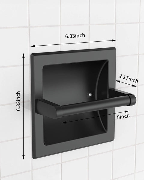Matte Black Recessed Toilet Paper Holder For Large Rolls Pivoting Wall Mount In Wall 304 Stainless Steel Rustproof with dimensions