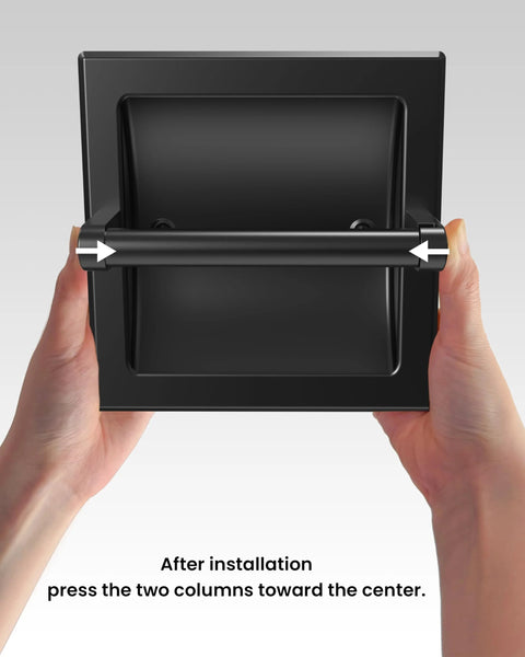 Hands showing Matte Black Recessed Toilet Paper Holder For Large Rolls Pivoting Wall Mount In Wall 304 Stainless Steel Rustproof
