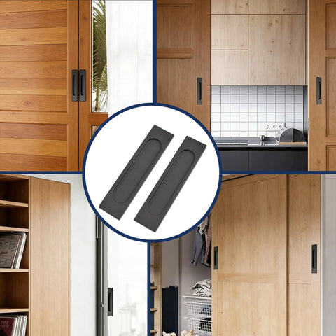 Self Stick Rectangular Sliding Door Pulls Two Piece Set Matte Black Aluminum Flush Handles No Drill Punch Free for Barn Doors