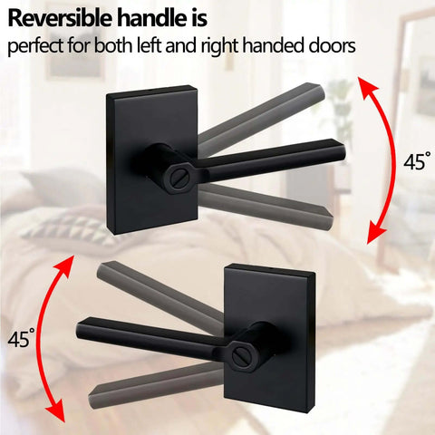 Reversible matte black door lever for left or right handed use, highlighting flexibility of Long Plate Bed And Bath Room Door Lever With Privacy Lock Matte Black Finish Heavy Duty Interior Door Handle Reversible For Left Or Right Handed Doors Adjustable Backset 60mm Or 70mm Child Proof Button Lock.