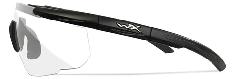 Side view of Matte Black Frames Shooting Glasses with ANSI Z87 Safety and Changeable Lenses featuring clear protective eyewear