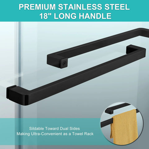 Close-up of Milano Double Sliding Framed Shower Door's 18 inch pull handle in matte black with stainless steel hardware.