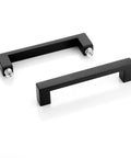 Matte black shower door pull handle, 6-inch stainless steel, visible screws, for frameless glass showers, modern sleek bathroom hardware.