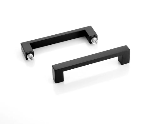 Matte black shower door pull handle, 6-inch stainless steel, visible screws, for frameless glass showers, modern sleek bathroom hardware.
