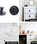 Matte Black Zinc Skull Cabinet Knobs For Drawers Doors And Furniture Hardware in bedroom, bathroom, and kitchen settings.