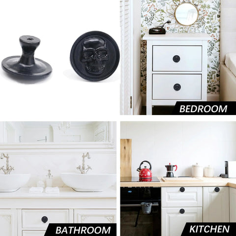Matte Black Zinc Skull Cabinet Knobs For Drawers Doors And Furniture Hardware in bedroom, bathroom, and kitchen settings.