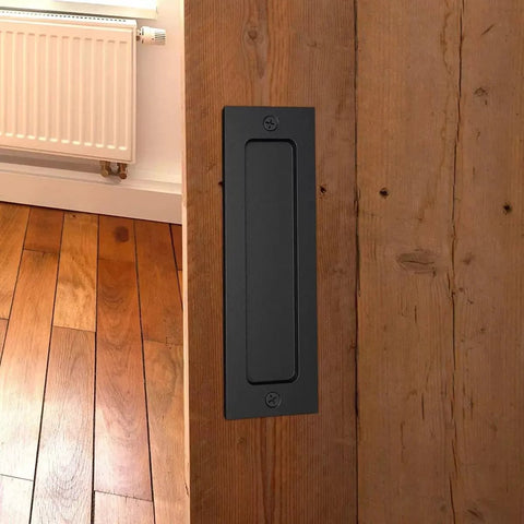 Flush Sliding Barn Door Handle Heavy Duty Finger Pull With Rectangular Plate Matte Black Finish on wooden door