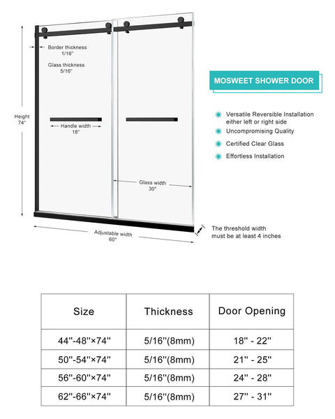 Milano Double Sliding Framed Shower Door, 60 Inch Wide By 74 Inch High, 8mm Clear Tempered Glass, Stainless Steel Hardware, Matte Black Finish.