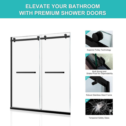 Milano Double Sliding Framed Shower Door, 60 Inch Wide By 74 Inch High, 8mm Clear Tempered Glass, 18 Inch Pull Handle, Stainless Steel Hardware, Matte Black Finish, Bypass Or Single Sliding Opening, Suitable Threshold Depth For Proper Installation with premium features
