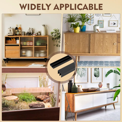 Two Sets Of Four Feet Plastic Sliding Door Track System For One Quarter Inch Glass Panels In Cabinets With Upper And Lower Tracks Matte Black Finish PVC Durable Low Noise Sliding Track For Easy Installation And Seamless Operation displayed with cabinets in various settings