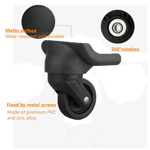 Replacement Luggage Wheel Repair Set with Spinner Casters Model W044 close-up of black caster wheel with matte surface and rotation features.