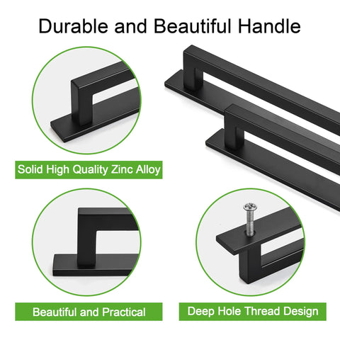 Square Solid Cabinet Handles 3 Inch 76mm Screw Spacing Matte Black Pulls 10 Pack Zinc Alloy Durable Furniture Hardware details