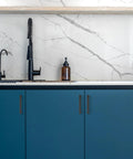 30 Pack Cabinet Pulls Slim Square Bar 3 Inch Hole Center Matte Black on blue kitchen cabinets with marble backsplash
