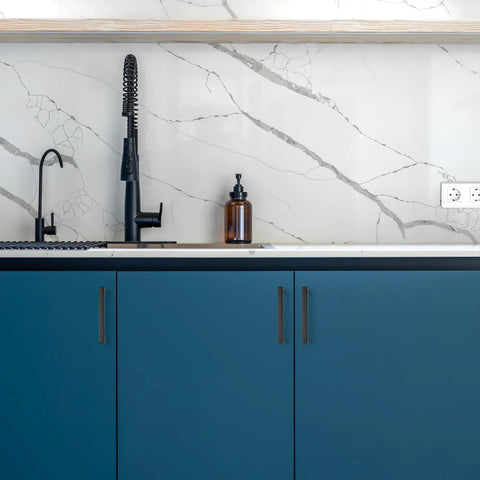 30 Pack Cabinet Pulls Slim Square Bar 3 Inch Hole Center Matte Black on blue kitchen cabinets with marble backsplash