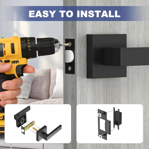 Easy installation of Matte Black Passage Door Lever Set Heavy Duty Square Interior Door Handles For Hallway And Closet Reversible Non Locking Levers For Right Or Left Doors Eight Pack shown with drill