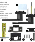 Matte Black Passage Door Lever Set Heavy Duty Square Interior Door Handles For Hallway And Closet Reversible Non Locking Levers For Right Or Left Doors Eight Pack components include door lever set, strike plate, and screws.