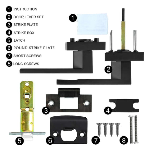 Matte Black Passage Door Lever Set Heavy Duty Square Interior Door Handles For Hallway And Closet Reversible Non Locking Levers For Right Or Left Doors Eight Pack components include door lever set, strike plate, and screws.